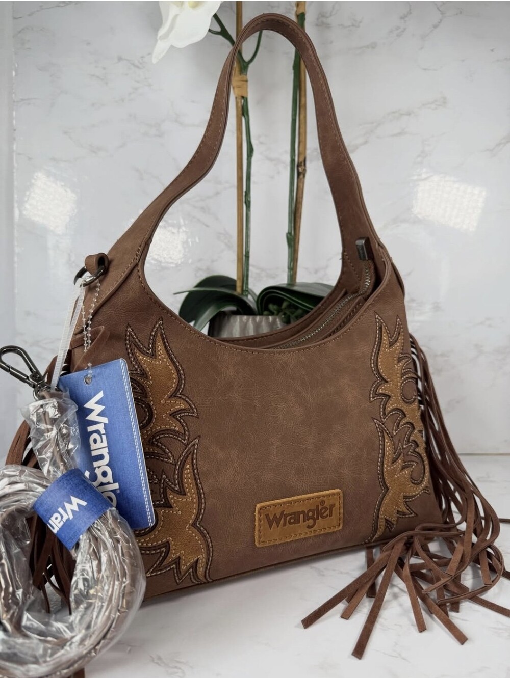 Wrangler Brown Fringe Shoulder Bag with Tan Accent - Picture 2 of 3